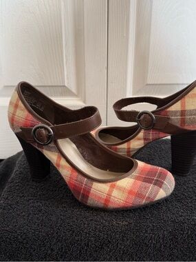 Plaid Mary Jane Heels with Brown Trim - Women